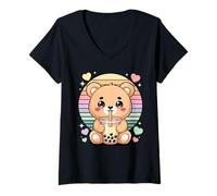 Donna Bubble Tea Orsetto Kawaii Arcobaleno Cuori Maglietta con Collo a V