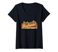 Donna Budapest, orizzonte, e, ungherese, retro, strisce, -, ungherese, orgoglio Maglietta con Collo a V