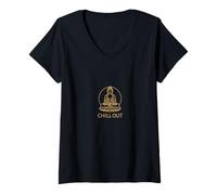 Donna Buddha Chill Out - Minimal Zen Line Art Design Maglietta con Collo a V