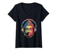 Donna Buddha con Cuffie Mindfulness Musica Boho Zen Buddhismo Maglietta con Collo a V