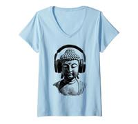 Donna Buddha con Cuffie Mindfulness Musica Boho Zen Buddhismo Maglietta con Collo a V