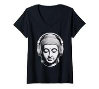 Donna Buddha con Cuffie Mindfulness Musica Boho Zen Buddhismo Maglietta con Collo a V