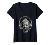 Donna Buddha con Cuffie Mindfulness Musica Boho Zen Buddhismo Maglietta con Collo a V