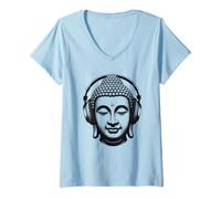 Donna Buddha con Cuffie Mindfulness Musica Boho Zen Buddhismo Maglietta con Collo a V