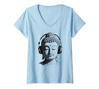Donna Buddha retrò Vintage con Le Cuffie, Musica Maglietta con Collo a V