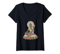 Donna Buddha Tibetano Tara Verde Vajrayana Maglietta con Collo a V