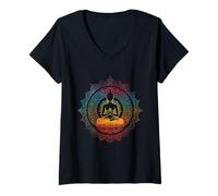 Donna Buddha Zen Meditazione Mandala Spirituale Buddista indù Maglietta con Collo a V
