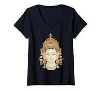 Donna Buddismo Mahayana Dea Guanyin Avalokiteshvara Maglietta con Collo a V