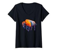Donna Buffalo Bison American Western Colorful Wild Life Gift Maglietta con Collo a V
