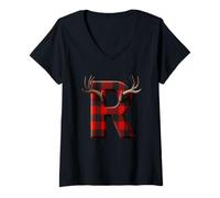Donna Buffalo Plaid Antler Lettera R Maglietta con Collo a V
