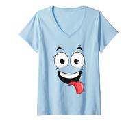 Donna Buffo Battute Carino Viso Travestimento Costume Halloween Maglietta con Collo a V