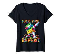 Donna Build Pose Repeat Funny Blocks Bricks Toy Master Builder Maglietta con Collo a V