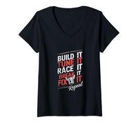 Donna Build Tune Race Break Fix It Repeat Cacciavite Motorsport Maglietta con Collo a V