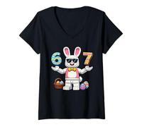 Donna Building Blocks Happy Easter Day Bunny Eggs 6 7 Meme Kids Maglietta con Collo a V