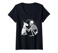 Donna Bull Terrier Inglese Skeleton Moon Halloween, Amante dei Cani Maglietta con Collo a V