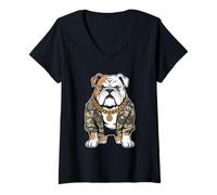 Donna Bulldog Army Street Style Military Streetwear Animali Maglietta con Collo a V