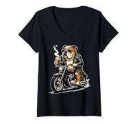 Donna Bulldog Che beve caffè Freddo in Moto - DIGOR Maglietta con Collo a V