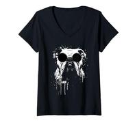 Donna Bulldog con Occhiali da Sole Bianco Splash Art Dog Maglietta con Collo a V