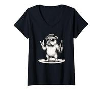 Donna Bulldog Cool Dog Birra Cap Retro Rock Concerto Musica Lover Maglietta con Collo a V