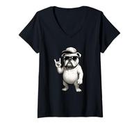 Donna Bulldog Cool Dog Cap Retro Rock Sign Concerto Musica Lover Maglietta con Collo a V