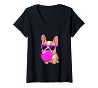 Donna Bulldog francese carino rosa occhiali da sole che soffia bolla divertente Maglietta con Collo a V