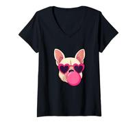 Donna Bulldog francese carino rosa occhiali da sole che soffia bolla divertente Maglietta con Collo a V