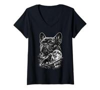 Donna Bulldog Francese Che Ulula alla Luna Stile Anni '90 Maglietta con Collo a V