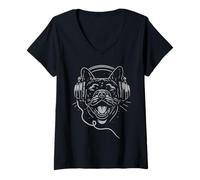 Donna Bulldog francese con cuffie DJ musica amante dei cani Maglietta con Collo a V