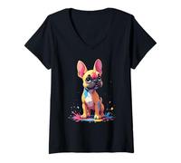 Donna Bulldog Francese con Macchie di Colore - Stile Cartoon Maglietta con Collo a V