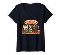 Donna Bulldog Francese Frenchie Santa's Workshop Presenta Il Polo Nord Maglietta con Collo a V