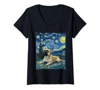 Donna Bulldog Francese in Stile Notte Stellata Pittura Van Gogh Maglietta con Collo a V