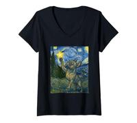 Donna Bulldog Francese in Stile Notte Stellata Pittura Van Gogh Maglietta con Collo a V