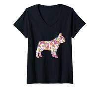 Donna Bulldog Francese Motivo Floreale Maglietta con Collo a V