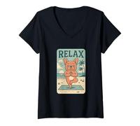 Donna Bulldog francese Relax Yoga Frenchie Divertente Cane Rilassante Maglietta con Collo a V