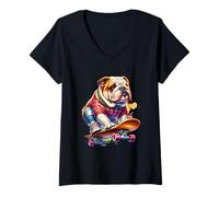 Donna Bulldog francese sul pattinaggio Regali di cani dolci Maglietta con Collo a V