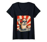 Donna Bulldog inglese DJ House Music Retro Dog Lover Maglietta con Collo a V