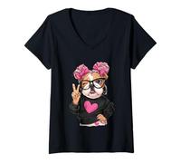 Donna Bulldog Inglese Ragazza Winking Peace Sign Pop Graphic Giocoso Maglietta con Collo a V