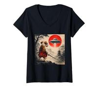 Donna Bulldog inglese Samurai UFO Vintage giapponese Ukiyo-e Cane Maglietta con Collo a V