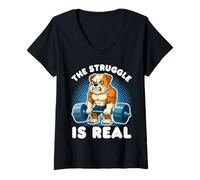 Donna Bulldog The Struggle Is Real Pesi Palestra Divertente Maglietta con Collo a V