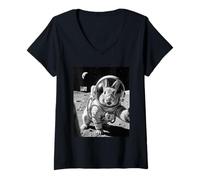 Donna Bunny Astronauta Selfie sulla Luna Amante dei Coniglietti Maglietta con Collo a V