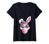 Donna Bunny Blowing Gum Pink Sunglasses Easter Rabbit Girls Maglietta con Collo a V
