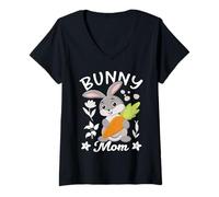 Donna Bunny Mom Coniglio Carota Fiore Sorriso Maglietta con Collo a V