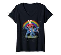 Donna Bunny Rabbit Riding Trex - Easter Trex Camicia Dinosauro Maglietta con Collo a V