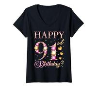 Donna Buon 91° Compleanno Festa di Compleanno per Uomini e Donne di 91 Anni Maglietta con Collo a V