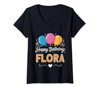 Donna Buon Compleanno Flora Maglietta con Collo a V