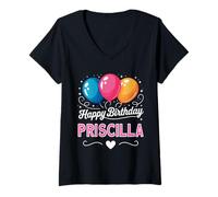 Donna Buon Compleanno Priscilla Maglietta con Collo a V
