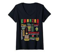 Donna Buon Kwanzaa Tamburo Kinara Sette Candele Afroamericano Maglietta con Collo a V
