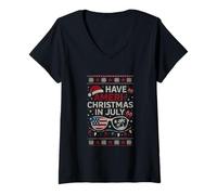 Donna Buon Natale Americo a luglio Funny Ugly Xmas USA Patriotic Maglietta con Collo a V