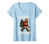 Donna Buon Natale Bigfoot Sasquatch Holiday Divertente Maglietta con Collo a V