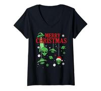 Donna Buon Natale Divertente UFO UFO Sci Fi Xmas Maglietta con Collo a V
